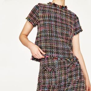 ZARA Colorful Frayed Tweed Top